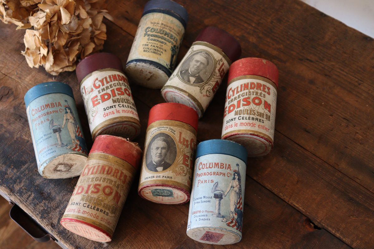 Q334 古い エジソン円筒型蓄音機の蝋管レコードボックス 円筒
