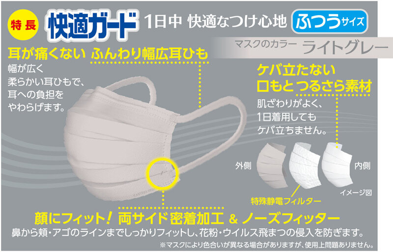 快適ガードマスクふつうサイズ ライトグレー30枚入【企画品】｜商品