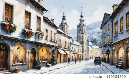 クリスマスの街並み│雪景色│ヨーロッパの街│水彩イラストのイラスト