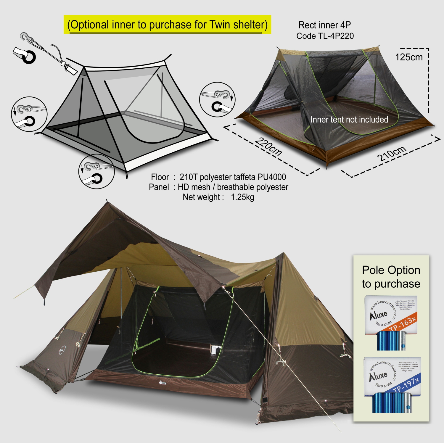 タープ一体型！煙突ポート付きツインポール、パップテント、ツイン