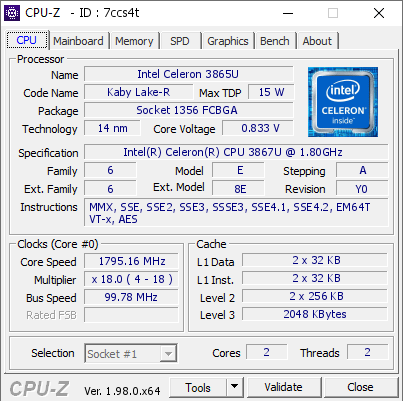 Intel Celeron 3865U @ 1795.16 MHz - CPU-Z VALIDATOR