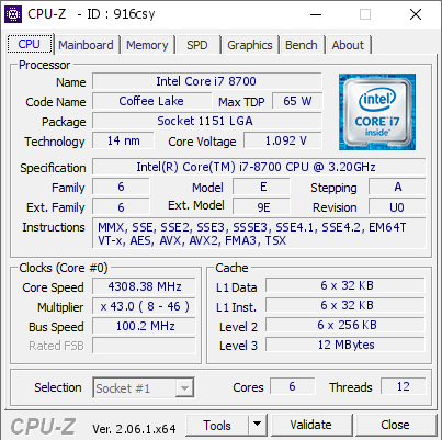 Intel Core i7 8700 @ 4308.38 MHz - CPU-Z VALIDATOR