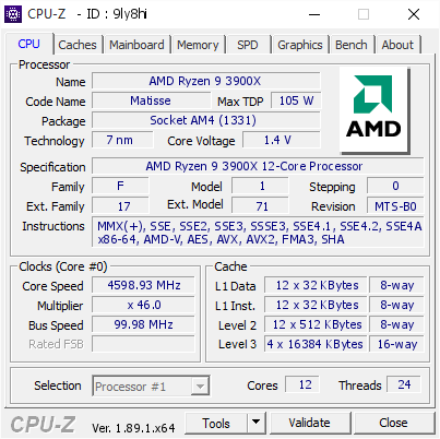 AMD Ryzen 9 3900X @ 4598.93 MHz - CPU-Z VALIDATOR