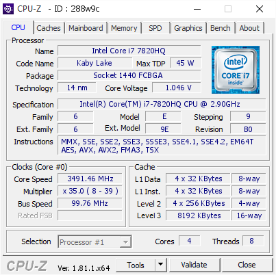 Intel Core i7 7820HQ @ 3491.46 MHz - CPU-Z VALIDATOR