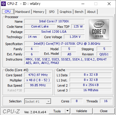 Intel Core i7 10700K @ 4792.97 MHz - CPU-Z VALIDATOR