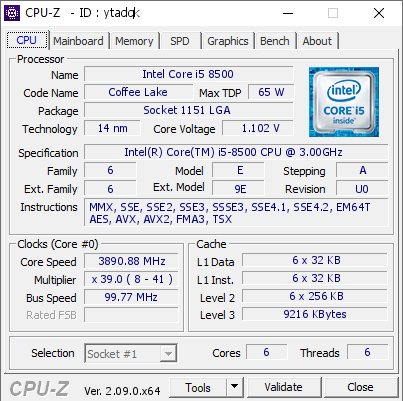 Intel Core i5 8500 @ 3890.88 MHz - CPU-Z VALIDATOR