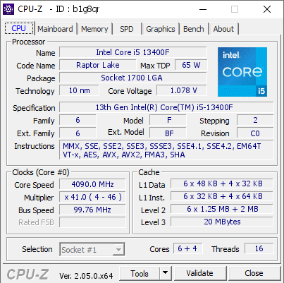 Intel Core i5 13400F @ 4090 MHz - CPU-Z VALIDATOR