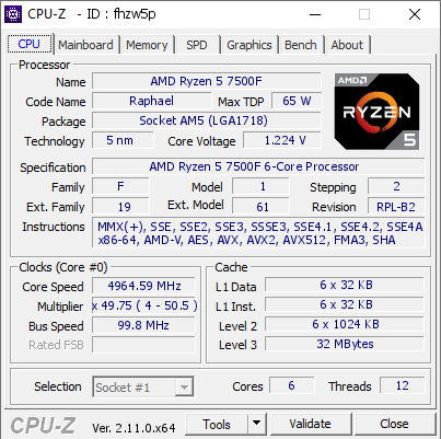 AMD Ryzen 5 7500F @ 4964.59 MHz - CPU-Z VALIDATOR