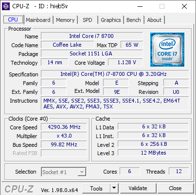 Intel Core i7 8700 @ 4290.36 MHz - CPU-Z VALIDATOR