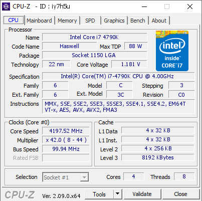 Intel Core i7 4790K @ 4197.52 MHz - CPU-Z VALIDATOR