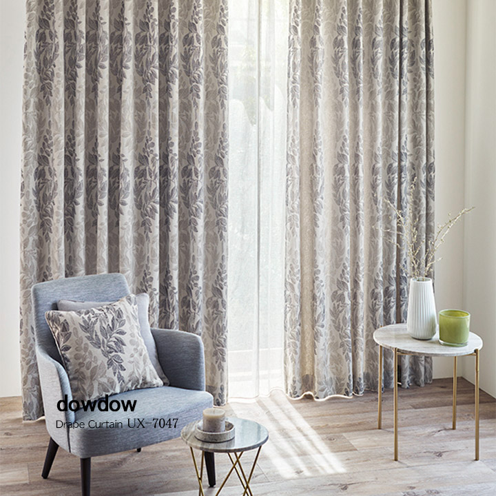 イタリアン モダン】リーフ・ダマスク柄のドレープカーテン【UX-7047