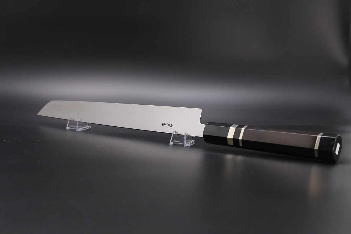 先丸蛸引 銀三本焼 300mm 平鏡面 黒檀柄 鞘付き【左利き用】-歌舞伎ナイフ