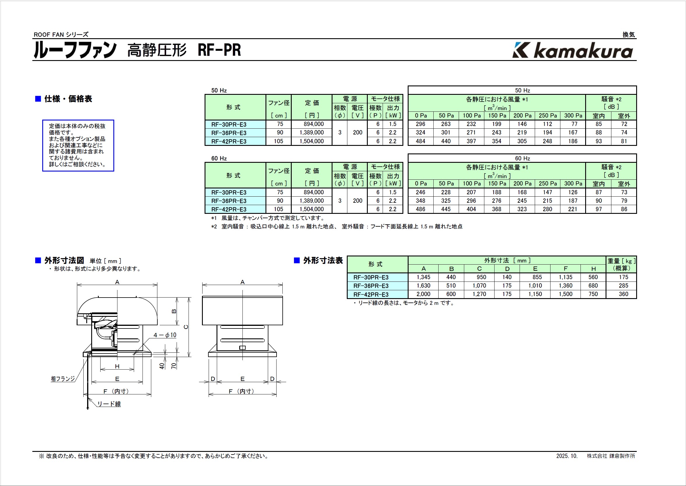 ルーフファン 高静圧形 RF-PR 仕様・価格PDF | 株式会社 鎌倉製作所