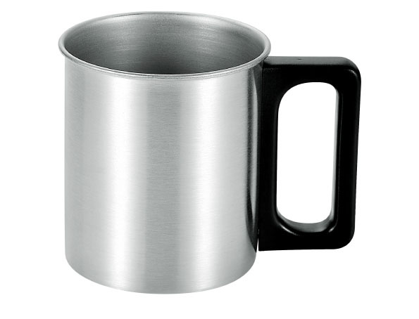 1重構造のステンレスマグカップ。本体はステンレス、ハンドルはABS樹脂