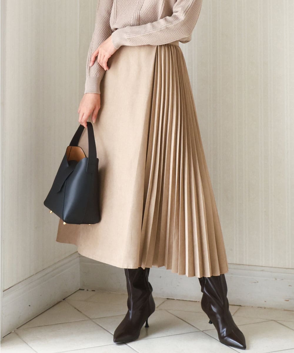 部分プリーツデザイン スウェードライクスカート/洗える(ミモレ丈