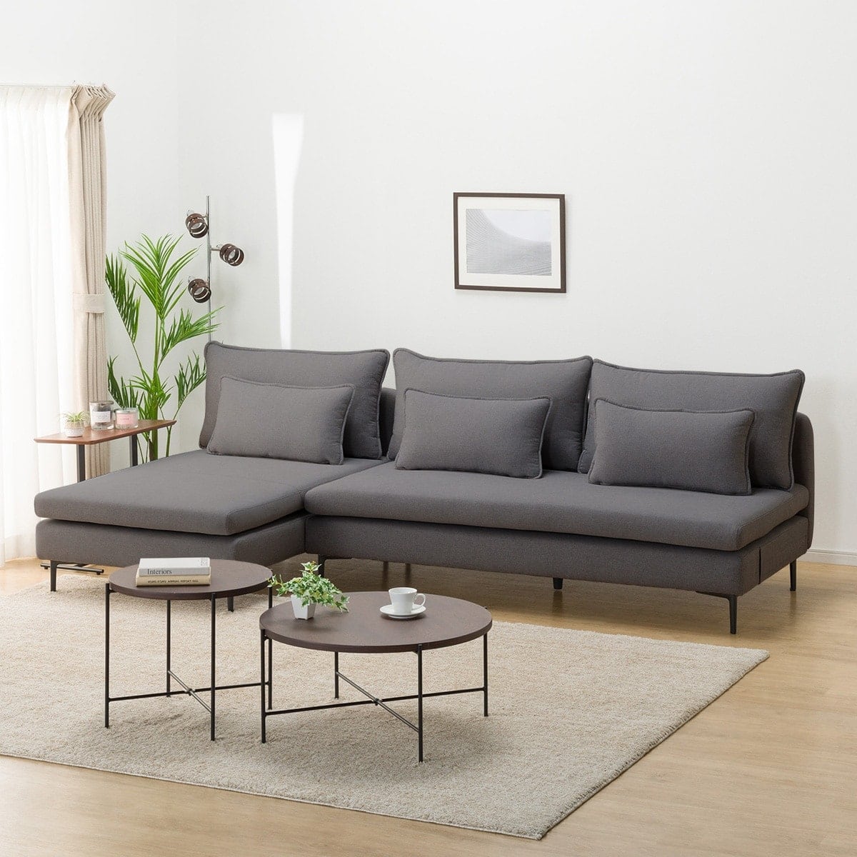 広い座面のゆったり 3人掛けソファ + シェーズセット 布張りタイプ