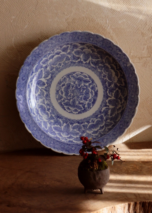 染付大皿 41cm 大皿 オードブル皿 飾り皿 特大 線描