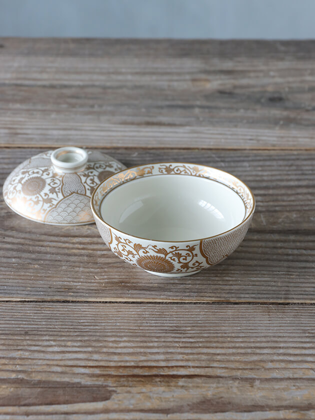 錦金彩菊華紋4寸蓋物 クリーム釉