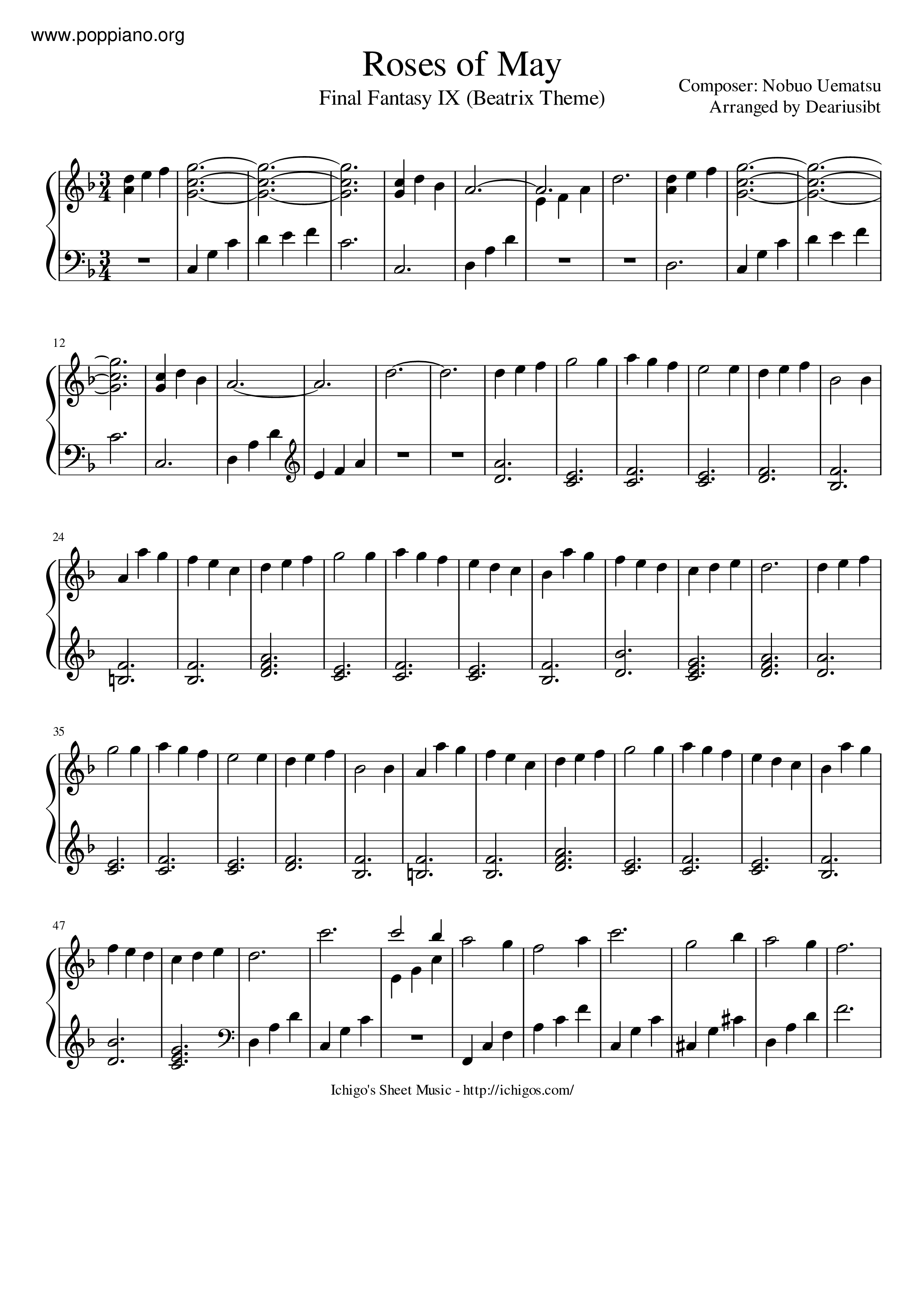 ☆ファイナルファンタジーIX - 夢のバラ (Yume no Bara) 악보 ピアノ譜