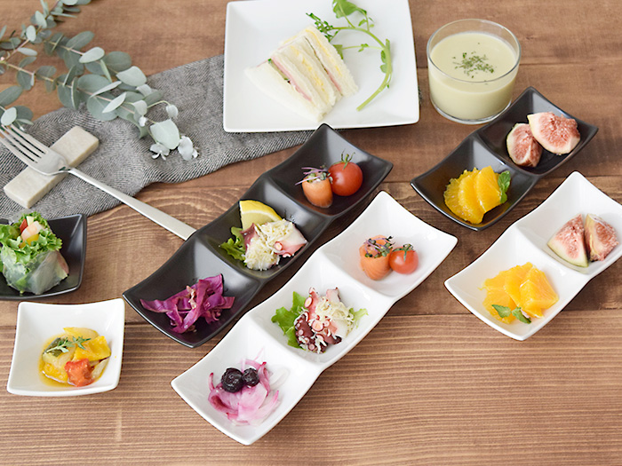 シンプルな洋食器、LAPISシリーズの三つ仕切り小鉢。調味料などに