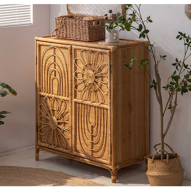 キャビネット サイドボード タンス ラタン デザイン扉 収納 レトロ