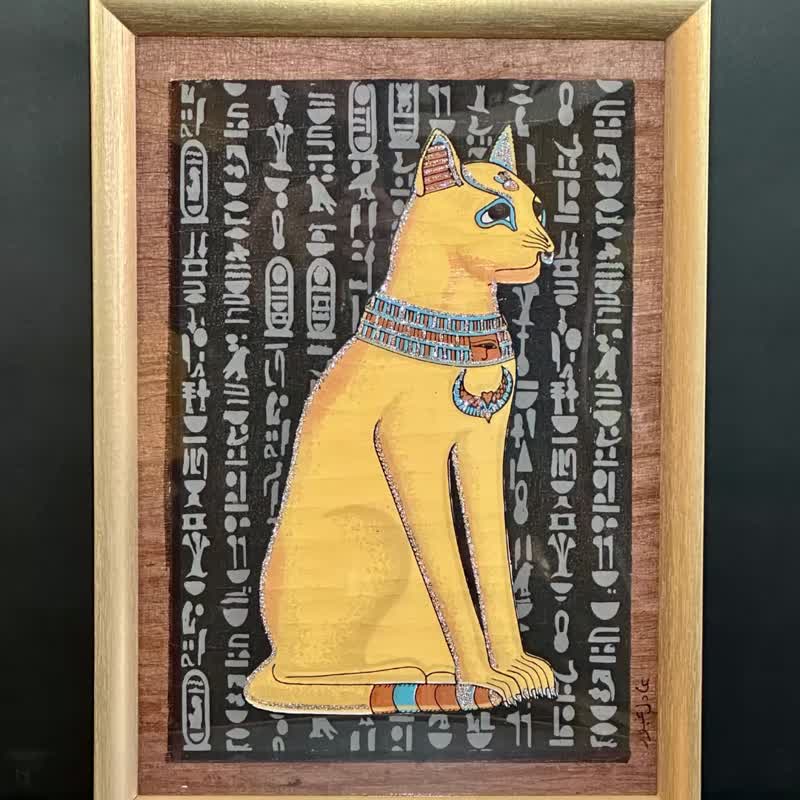 香港 エジプトのパピルス絵画エジプト猫神ゴールデン フレーム黒背景