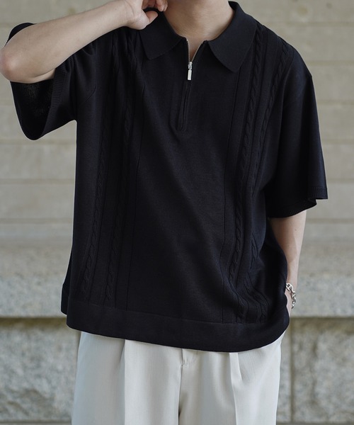 molk】ケーブルデザインハーフジップサマーニットポロ（ポロシャツ