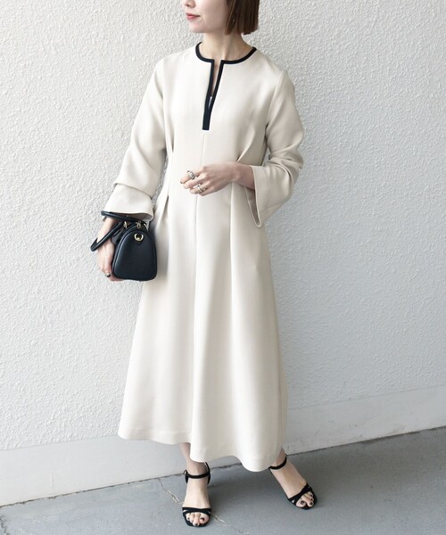 SHIPS any: ダブルクロス ウエスト タック Aライン ワンピース ［NAVY