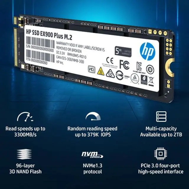 HP EX900 Plus NVMe M.2 SSD 512GB PCIe 3.0 2280 3D NAND Internal