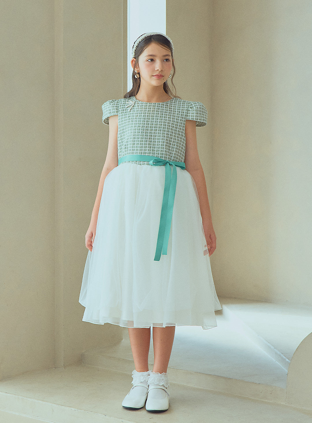 子供ドレス|子供ドレスならミントグリーンツイードパフスリーブベル