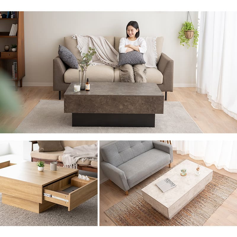 センターテーブル 引き出し収納付き 幅105cm 幅80cm セラミック調 木目