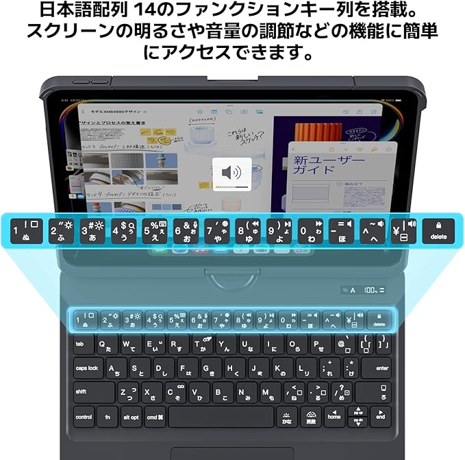 ipad用キーボード付きケース [日本語配列]バックライト付き、360°回転