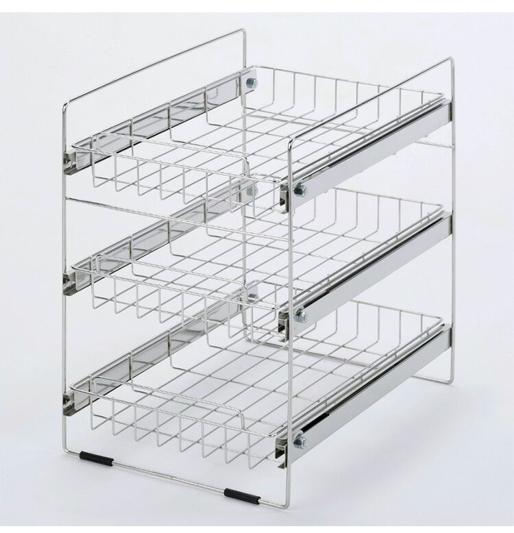 日本製 燕三条 ステンレス洗面台下ラック 3段 スライド棚 洗面台下収納