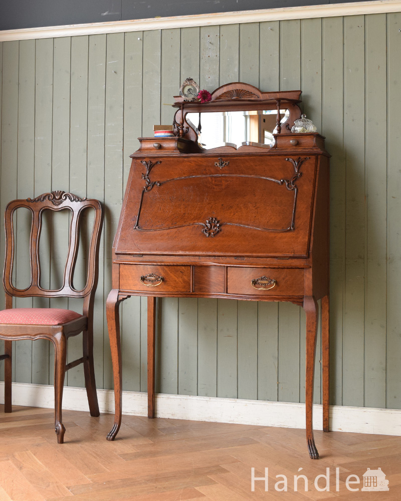 ミラーが付いたライティングビューロー、豪華なアンティーク英国家具(q