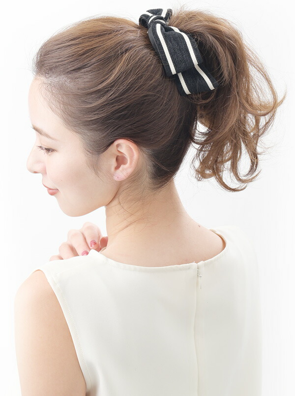 ◇ネコポス送料無料◇バイカラーラインリボンヘアゴム・ポニーフック