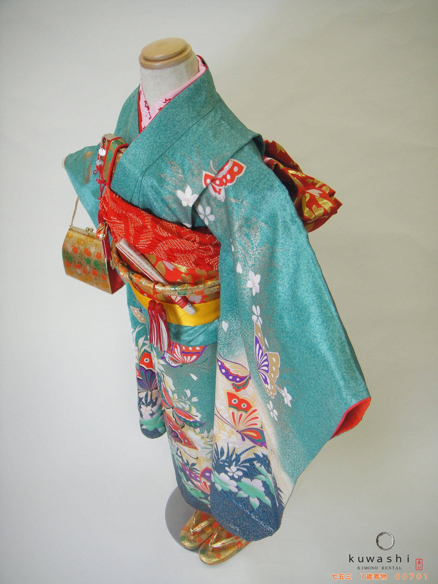 七五三レンタル着物】 00701 エメラルドリグーン綸子蝶フルセット