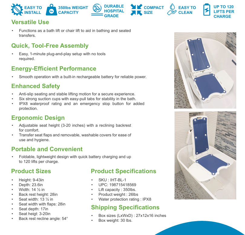 AquaLift Bath Tub Chair Floor Lift | FDA Compliant | Height
