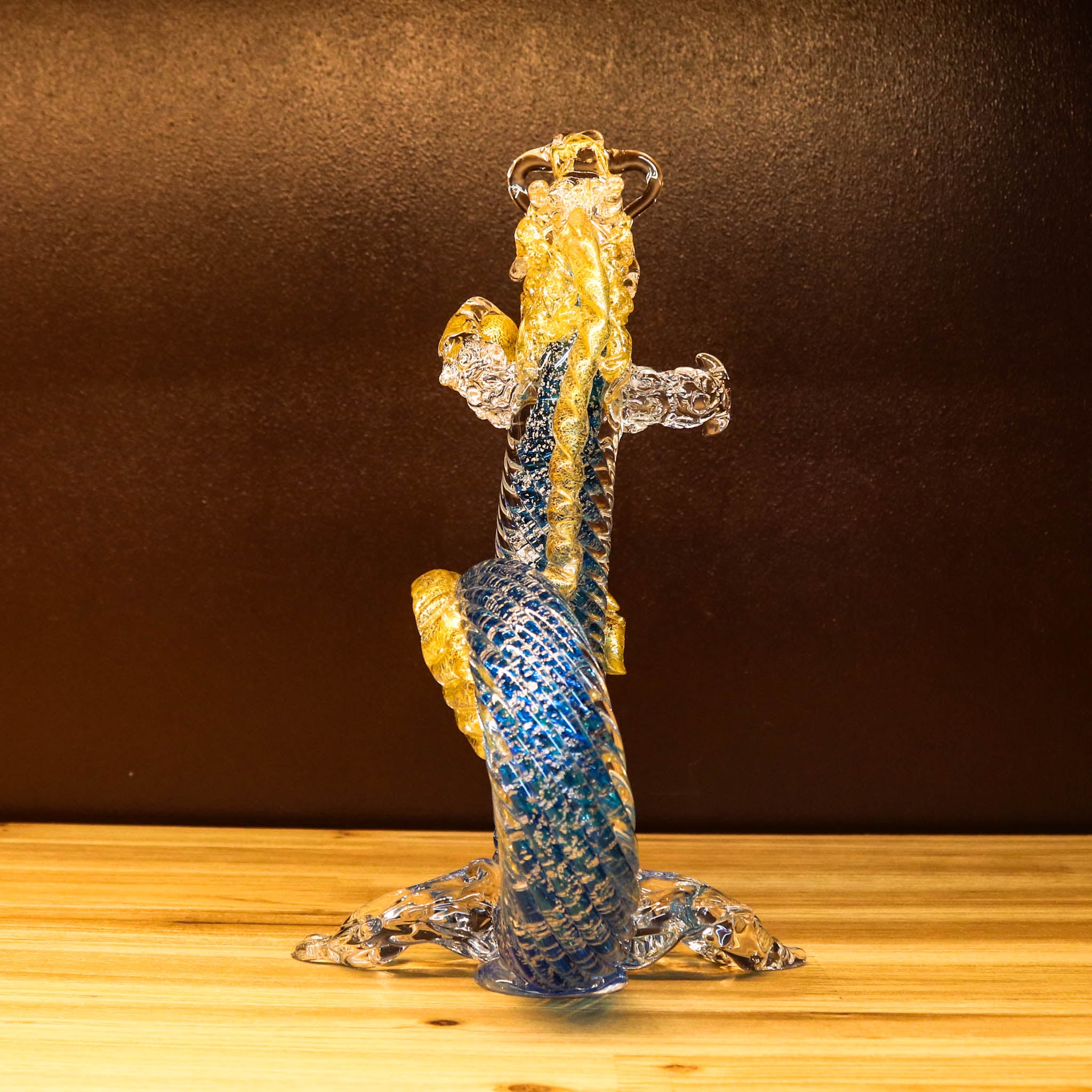 綾ガラス 置物 | 金竜 | オーシャンブルー | グラスアート黒木