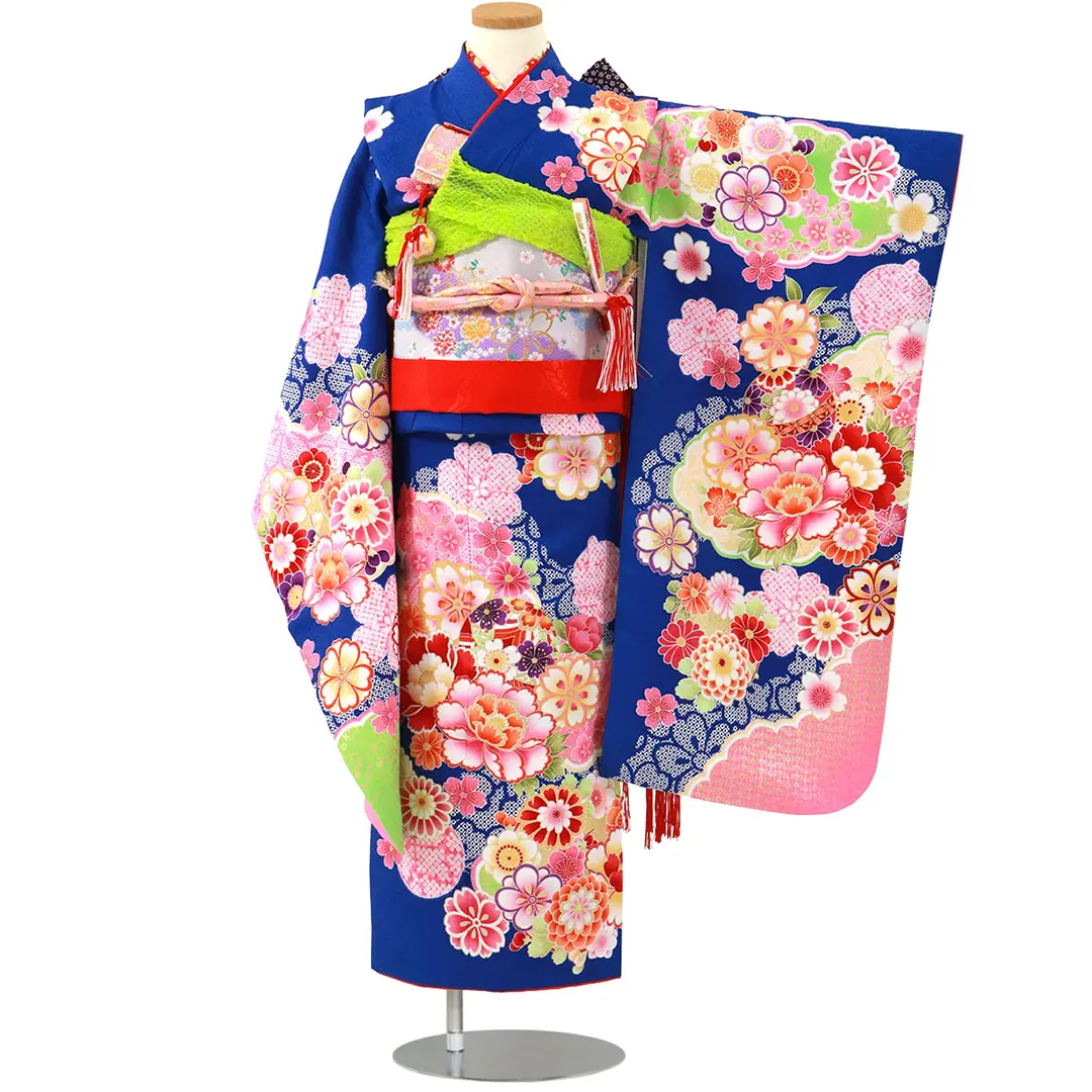 青地に牡丹と雲柄の着物／七五三・七歳女の子 | 宅配着物レンタルの