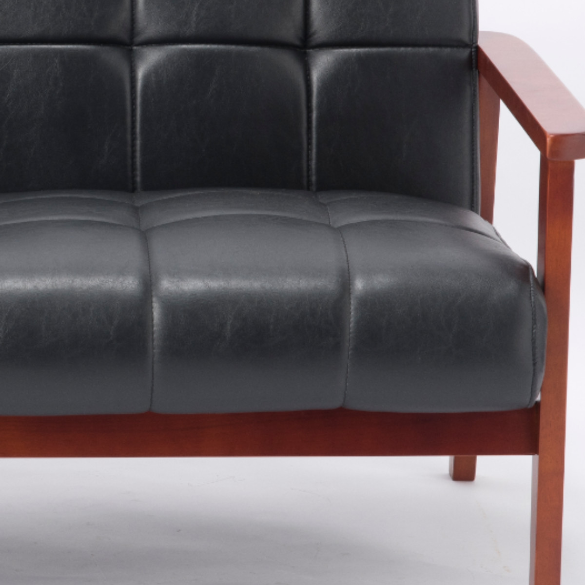 ソファ 2人掛け 幅122cm 木肘 レザーブラック ラニット （ PVCレザー