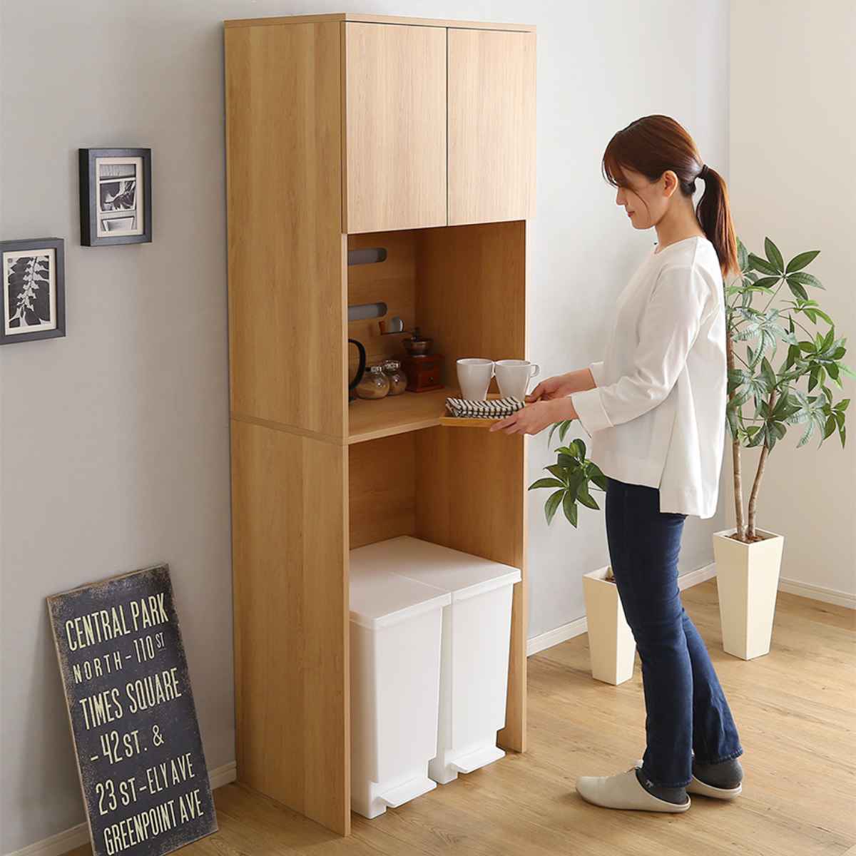 ごみ箱上ラック 幅59cm 木製 スリムタイプ ヴィンテージ調 （ ごみ箱上