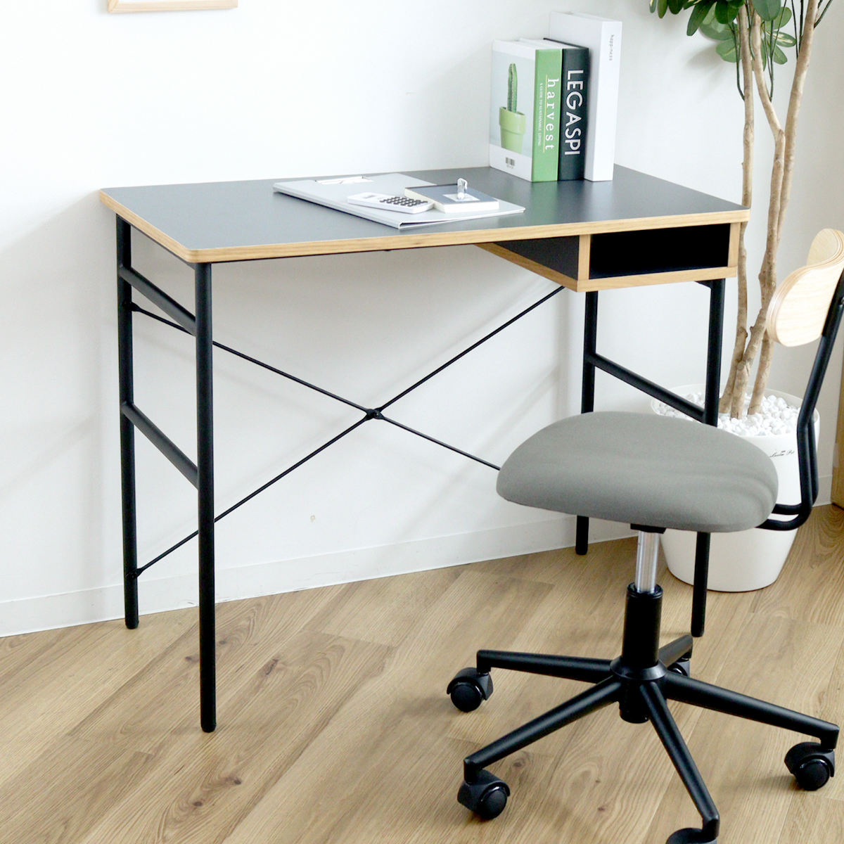 ワークデスク 幅90cm 棚付 木製 メラミン スチール （ パソコンデスク