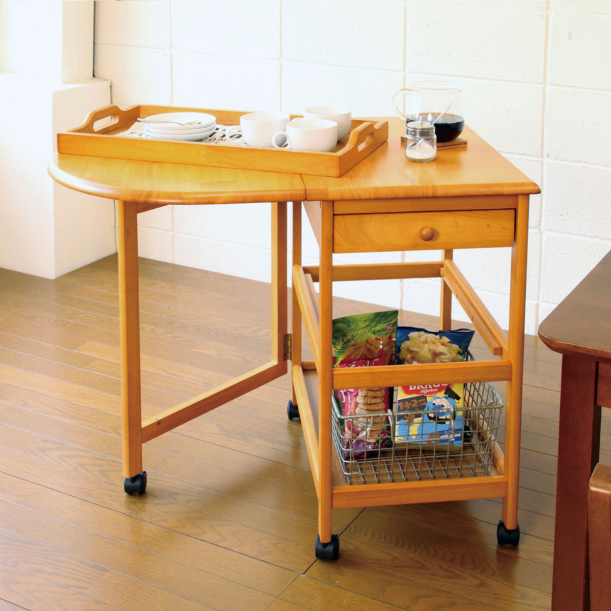 キッチンワゴン 幅42.5～85cm キャスター付 木製ワゴン バタフライ 片