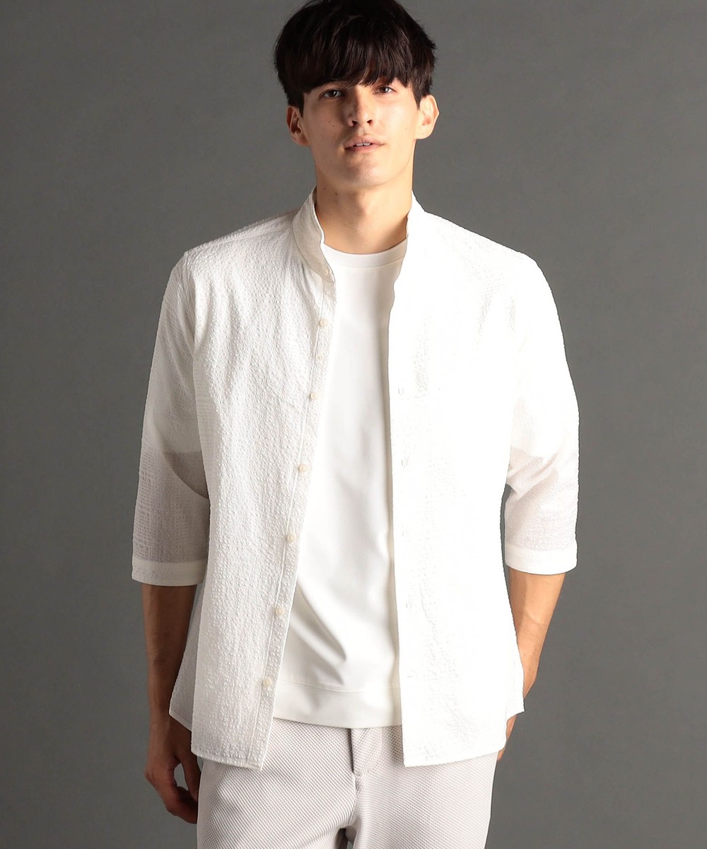 グレンチェックサッカー スタンドカラー7分袖シャツ｜5分/7分袖