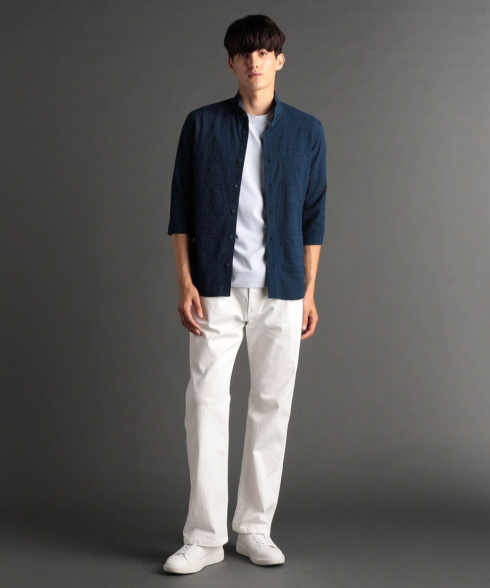 グレンチェックサッカー スタンドカラー7分袖シャツ｜5分/7分袖