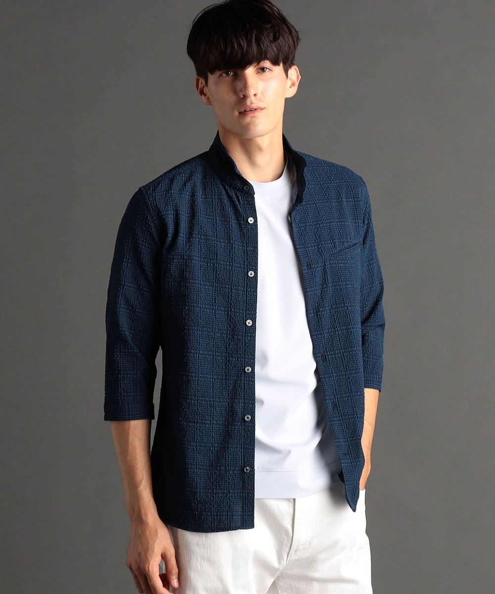 グレンチェックサッカー スタンドカラー7分袖シャツ｜5分/7分袖