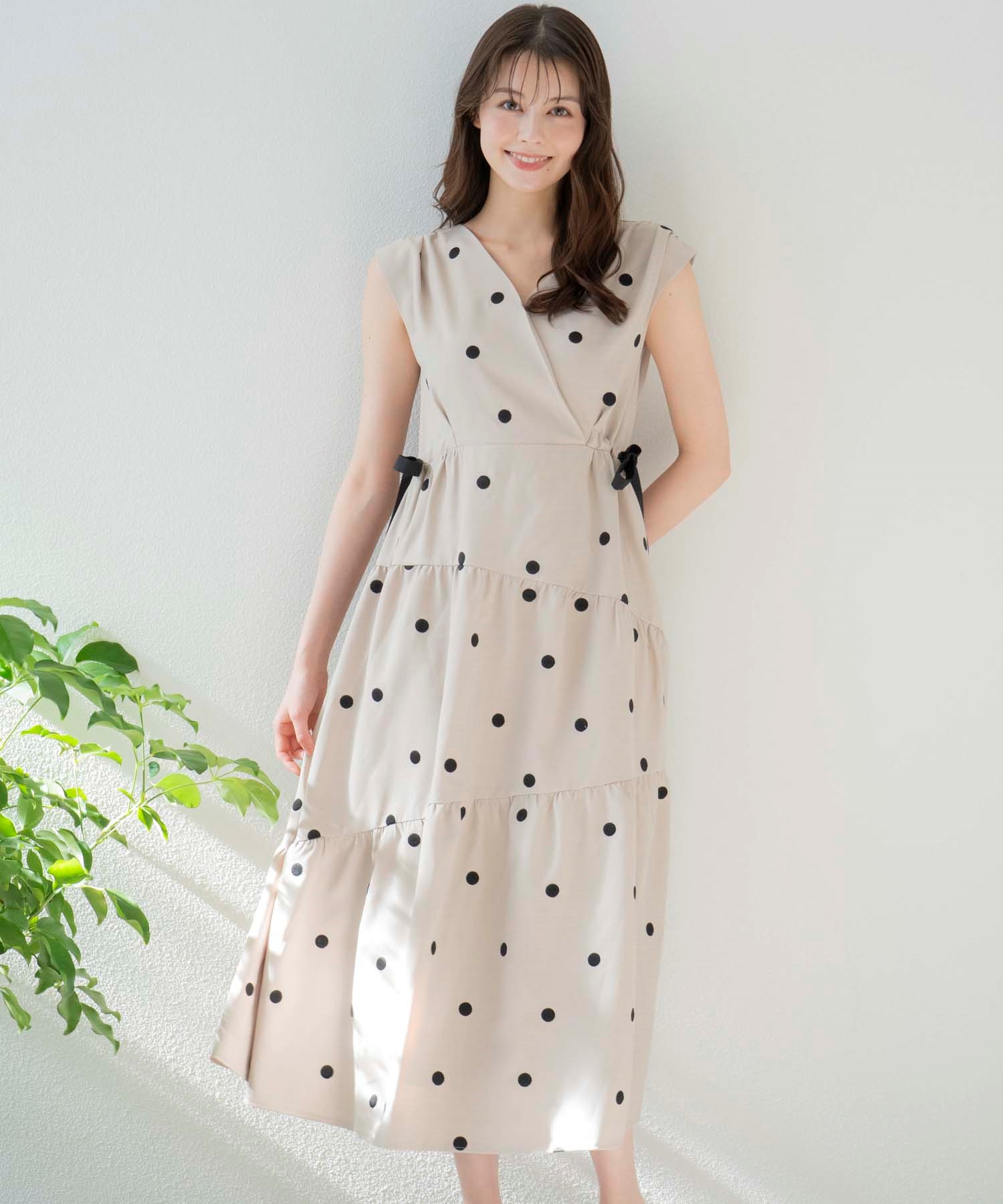 15周年】【SSサイズあり】リネンタッチドットワンピ | ロング