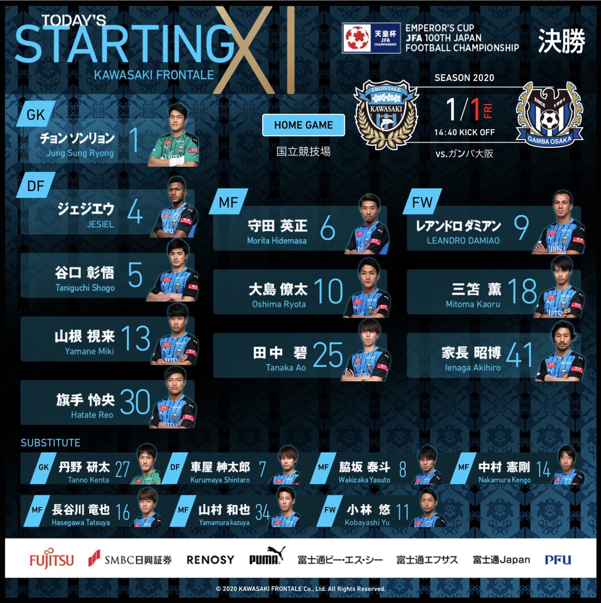 1/1（金・祝） 第100回 天皇杯 全日本サッカー選手権大会 決勝 川崎