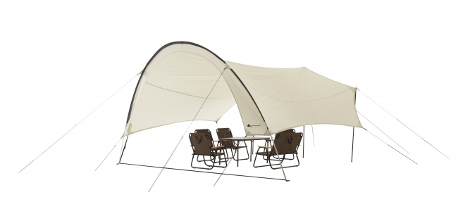 大型アーチフレームによって開放感抜群の新型タープ「AKUBIタープ